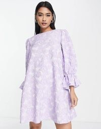 ASOS DESIGN swing mini dress with frill cuff in purple floral jacquard / feminine long sleeve occasion dresses / ruffled cuffs / romantic style evening fashion