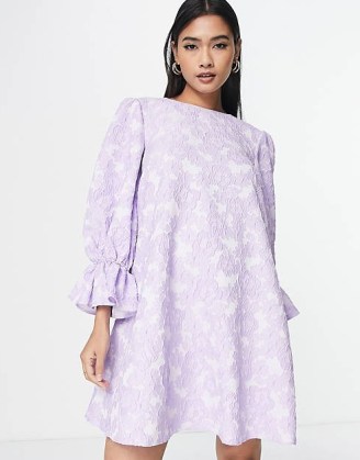 ASOS DESIGN swing mini dress with frill cuff in purple floral jacquard / feminine long sleeve occasion dresses / ruffled cuffs / romantic style evening fashion - flipped