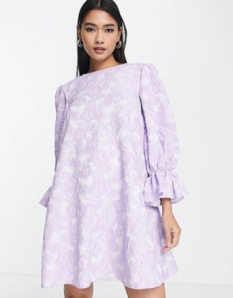 ASOS DESIGN swing mini dress with frill cuff in purple floral jacquard / feminine long sleeve occasion dresses / ruffled cuffs / romantic style evening fashion