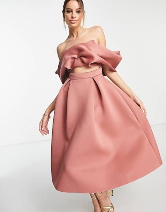 ASOS DESIGN Tall bardot midi cut out skater dress in rose | pink off the shoulder prom dresses | party fashion with front cutout detail | women’s romantic occasion clothes | asos event clothing for women