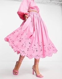 ASOS EDITION floral cutwork midi skirt in fuschia / womens pink cotton broderie trim skirts