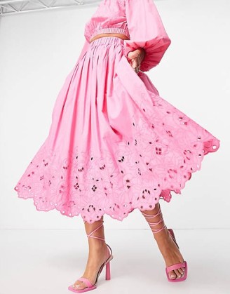 ASOS EDITION floral cutwork midi skirt in fuschia / womens pink cotton broderie trim skirts - flipped