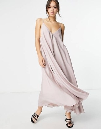 ASOS EDITION trapeze cami midi dress in viscose in grey lilac ~ flowing spaghetti strap evening dresses – floaty going out fashion - flipped