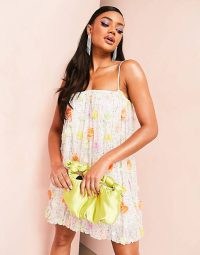 ASOS LUXE 3D embellished floral bubble mini dress in multi ~ spaghetti strap flower applique dresses ~ women’s feminine party fashion ~ glamorous going out look