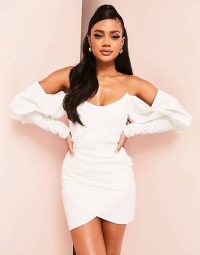 ASOS LUXE off shoulder belted poplin mini dress in white ~ slim fit balloon sleeve bardot dresses ~ women’s on-trend party fashion ~ going out evening clothes