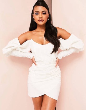 ASOS LUXE off shoulder belted poplin mini dress in white ~ slim fit balloon sleeve bardot dresses ~ women’s on-trend party fashion ~ going out evening clothes - flipped