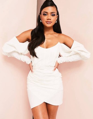 ASOS LUXE off shoulder belted poplin mini dress in white ~ slim fit balloon sleeve bardot dresses ~ women’s on-trend party fashion ~ going out evening clothes