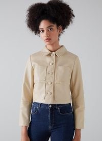 L.K. BENNETT Aubree Cream Leather Cropped Jacket ~ women’s luxe crop hem jackets ~ pocket detail ~ womens luxury ecru outerwear