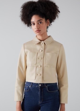 L.K. BENNETT Aubree Cream Leather Cropped Jacket ~ women’s luxe crop hem jackets ~ pocket detail ~ womens luxury ecru outerwear
