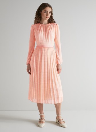 L.K. BENNETT Avery Pink and Cream Houndstooth Print Pleated Midi Dress ~ feminine long sleeved dresses - flipped