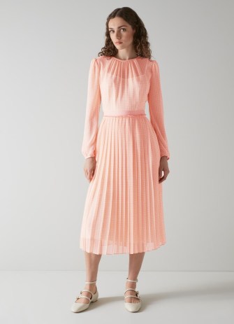 L.K. BENNETT Avery Pink and Cream Houndstooth Print Pleated Midi Dress ~ feminine long sleeved dresses