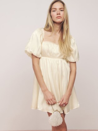 Reformation Delphi Silk Dress in Ivory ~ luxe puff sleeved square neck organza babydoll dresses ~ feminine empire waist clothes - flipped