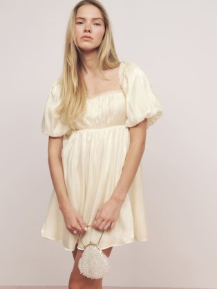 Reformation Delphi Silk Dress in Ivory ~ luxe puff sleeved square neck organza babydoll dresses ~ feminine empire waist clothes