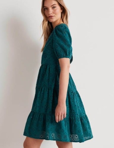 Boden Back Detail Broderie Dress Chesapeake Bay – women’s green cotton floral embroidered dresses – cut out back summer fashion – tiered hem - flipped