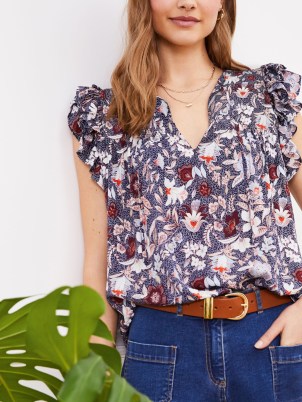 John Lewis Baukjen Molly Floral Folk Ruffle Blouse, Indigo – frills on the shoulders to flatter the top of the arms – intricate pintuck detailing around the shoulders and a keyhole neckline with a necktie - flipped