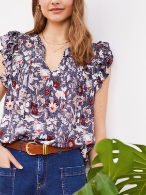 John Lewis Baukjen Molly Floral Folk Ruffle Blouse, Indigo – frills on the shoulders to flatter the top of the arms – intricate pintuck detailing around the shoulders and a keyhole neckline with a necktie
