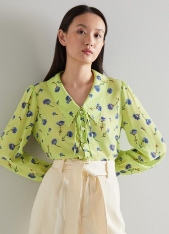 L.K. BENNETT Beecham Lime Cornflower Print Scallop Collar Silk / vintage style floral blouse / feminine blouses with oversized collars / retro colours / ladylike clothes - flipped