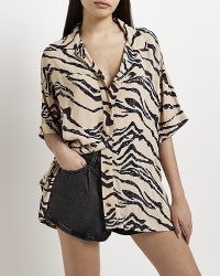 RIVER ISLAND BEIGE ANIMAL PRINT SHIRT / women’s sequinned loose fit tiger print shirts / casual sequin fashion