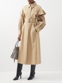 CHLOÉ Broderie-anglaise wool-gabardine trench coat ~ women’s chic designer coats at MATCHESFASHION ~ womens belted ruffle detail outerwear