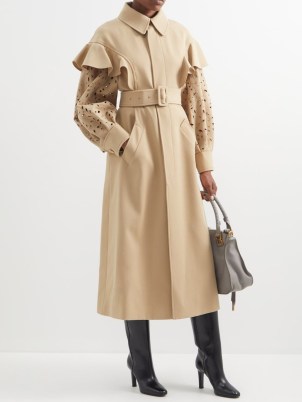 CHLOÉ Broderie-anglaise wool-gabardine trench coat ~ women’s chic designer coats at MATCHESFASHION ~ womens belted ruffle detail outerwear - flipped