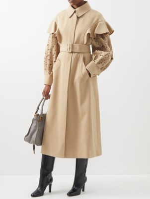 CHLOÉ Broderie-anglaise wool-gabardine trench coat ~ women’s chic designer coats at MATCHESFASHION ~ womens belted ruffle detail outerwear