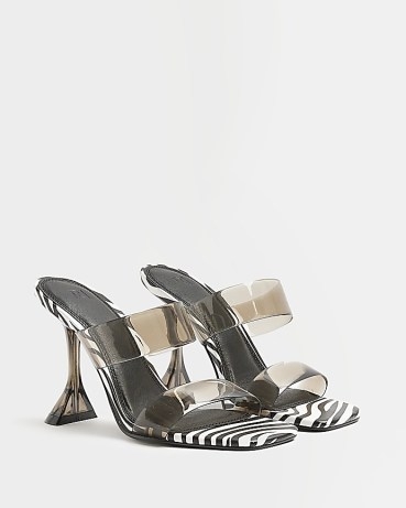 RIVER ISLAND BLACK ANIMAL PRINT PERSPEX HEELED MULES / clear strap square toe mule sandals / zebra print high heels - flipped