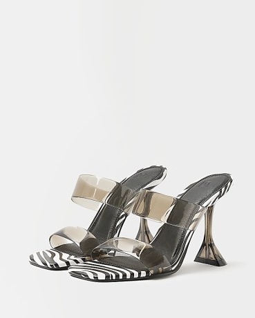 RIVER ISLAND BLACK ANIMAL PRINT PERSPEX HEELED MULES / clear strap square toe mule sandals / zebra print high heels