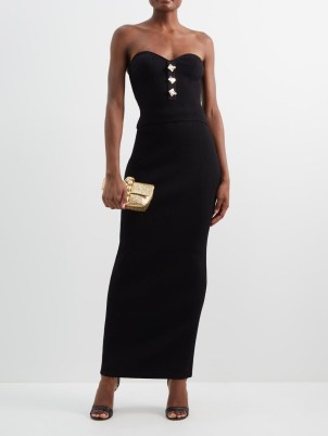 SELF-PORTRAIT Button-embellished ribbed-knit strapless top ~ black fitted sweetheart neckline tops ~ MATCHESFASHION - flipped