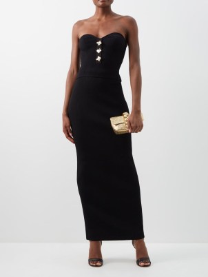 SELF-PORTRAIT Button-embellished ribbed-knit strapless top ~ black fitted sweetheart neckline tops ~ MATCHESFASHION