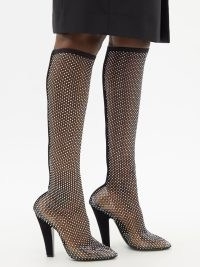 SAINT LAURENT Crystal-embellished mesh boots ~ women’s luxury designer footwear ~ sheer black high heel boots covered in crystals ~ MATCHESFASHION