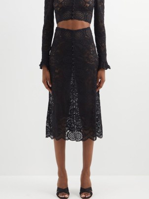 PACO RABANNE High-rise floral-lace midi skirt ~ black semi sheer scalloped hem skirts ~ women’s designer occasion fashion ~ MATCHESFASHION - flipped