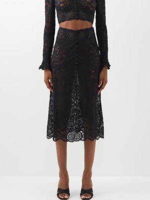 PACO RABANNE High-rise floral-lace midi skirt ~ black semi sheer scalloped hem skirts ~ women’s designer occasion fashion ~ MATCHESFASHION