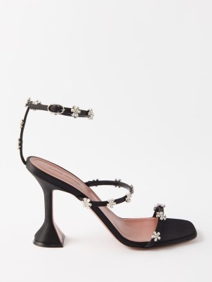 AMINA MUADDI Lily 95 crystal-embellished satin sandals / black barely there ankle strap sandal with crystals / floral martini heels at MATCHESFASHION - flipped