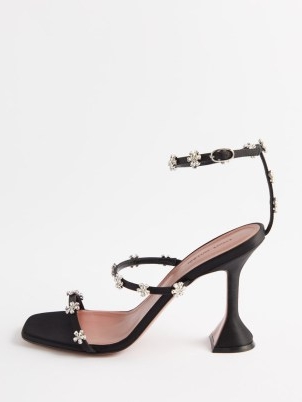 AMINA MUADDI Lily 95 crystal-embellished satin sandals / black barely there ankle strap sandal with crystals / floral martini heels at MATCHESFASHION