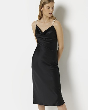RIVER ISLAND BLACK SATIN PEARL SLIP MIDI DRESS ~ chic and understated LBD ~ sophistcated date night fashion - flipped