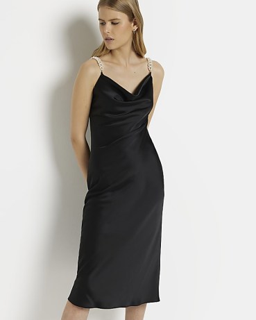 RIVER ISLAND BLACK SATIN PEARL SLIP MIDI DRESS ~ chic and understated LBD ~ sophistcated date night fashion