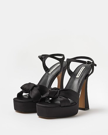 RIVER ISLAND BLACK SATIN PLATFORM HEELS ~ front knot detail platforms ~ retro ankle strap high heels ~ vintage style sandals - flipped