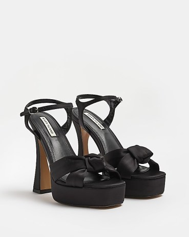 RIVER ISLAND BLACK SATIN PLATFORM HEELS ~ front knot detail platforms ~ retro ankle strap high heels ~ vintage style sandals
