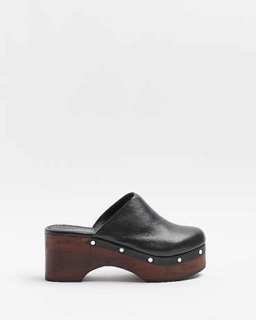 RIVER ISLAND BLACK STUDDED HEELED CLOGS | womens 70s retro style footwear | women’s 1970s inspired chunky sandals - flipped