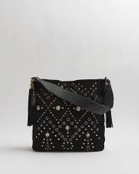 RIVER ISLAND BLACK SUEDE STUDDED SHOULDER BAG | stud embellished boho bags | bohemian style handbags