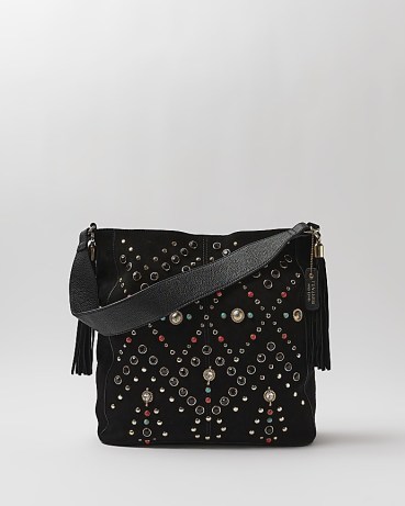 RIVER ISLAND BLACK SUEDE STUDDED SHOULDER BAG | stud embellished boho bags | bohemian style handbags - flipped