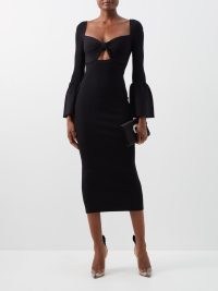 SELF-PORTRAIT Sweetheart-neckline ribbed-jersey midi dress ~ chic cut out LBD ~ women’s elegant occasion clothes ~ sophisticated evening fashion ~ fluted sleeves ~ MATCHESFASHION