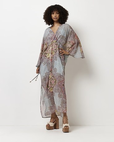 RIVER ISLAND BLUE FLORAL SMOCK MAXI DRESS / mixed print kimono style dresses / vintage style fashion - flipped