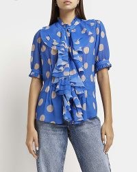RIVER ISLAND BLUE FRILL BLOUSE / short sleeve spot print ruffle front blouses / polka dot tops