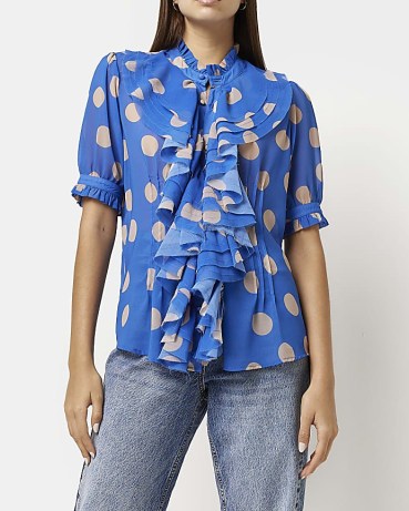 RIVER ISLAND BLUE FRILL BLOUSE / short sleeve spot print ruffle front blouses / polka dot tops - flipped