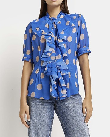 RIVER ISLAND BLUE FRILL BLOUSE / short sleeve spot print ruffle front blouses / polka dot tops