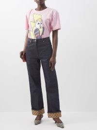 GUCCI GG Supreme-canvas hem relaxed-fit jeans ~ women’s designer dark blue denim fashion ~ printed turn ups ~ MATCHESFASHION womens casual clothes