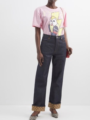 GUCCI GG Supreme-canvas hem relaxed-fit jeans ~ women’s designer dark blue denim fashion ~ printed turn ups ~ MATCHESFASHION womens casual clothes - flipped