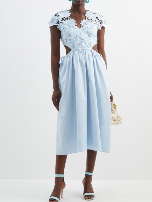 SELF-PORTRAIT Guipure lace and cotton-poplin midi dress – blue semi sheer floral detail summer occasion dresses – waist cut out event clothes - flipped