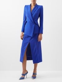 ALEXANDER MCQUEEN Oblique wool-crepe suit jacket ~ women’s chic blue contemporary jackets ~ womens asymmetric designer clothes ~ MATCHESFASHION
